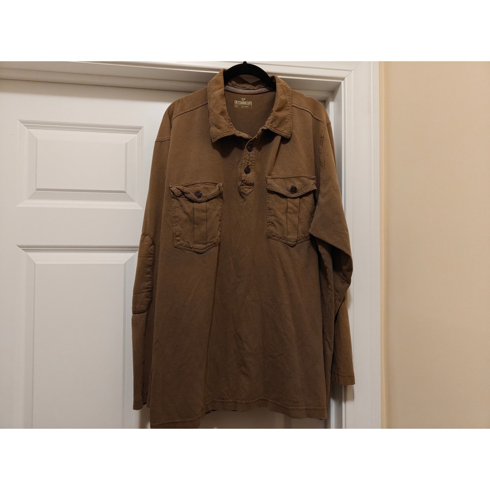 Outdoor Life Mens‎ XXL Brown Cotton Henley Utility Shirt Long Sleeve Elbow Patch